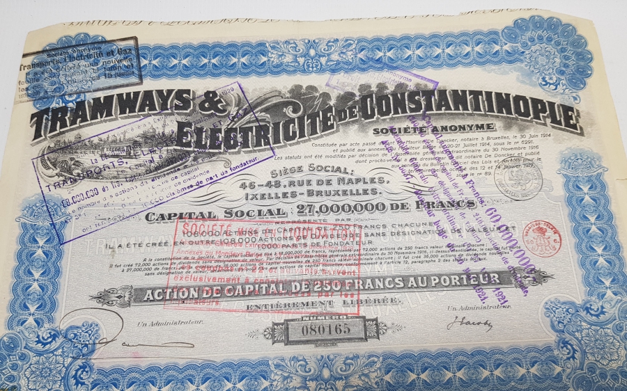 OSMANLI DÖNEMİ İSTANBUL ELEKTRİKLİ TRAMVAY ŞİRKETİ HİSSE SENEDİ