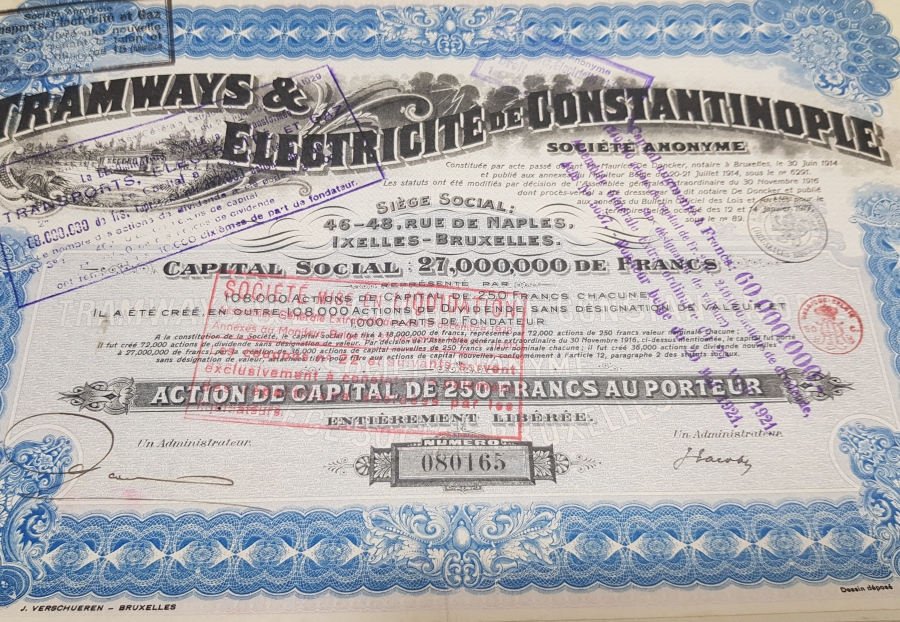 OSMANLI DÖNEMİ İSTANBUL ELEKTRİKLİ TRAMVAY ŞİRKETİ HİSSE SENEDİ