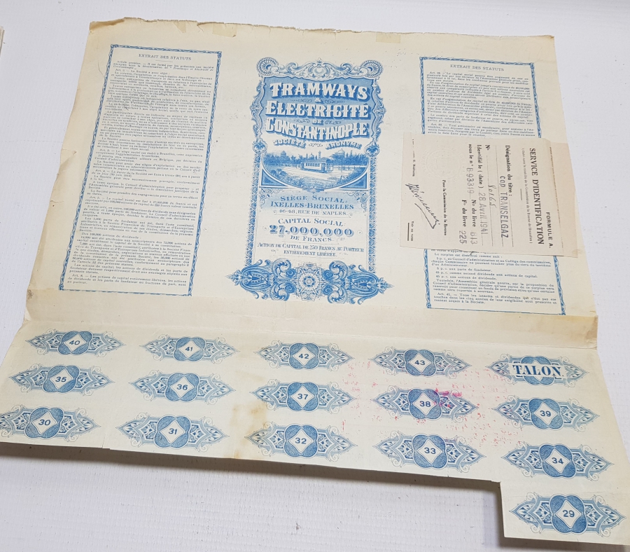 OSMANLI DÖNEMİ İSTANBUL ELEKTRİKLİ TRAMVAY ŞİRKETİ HİSSE SENEDİ