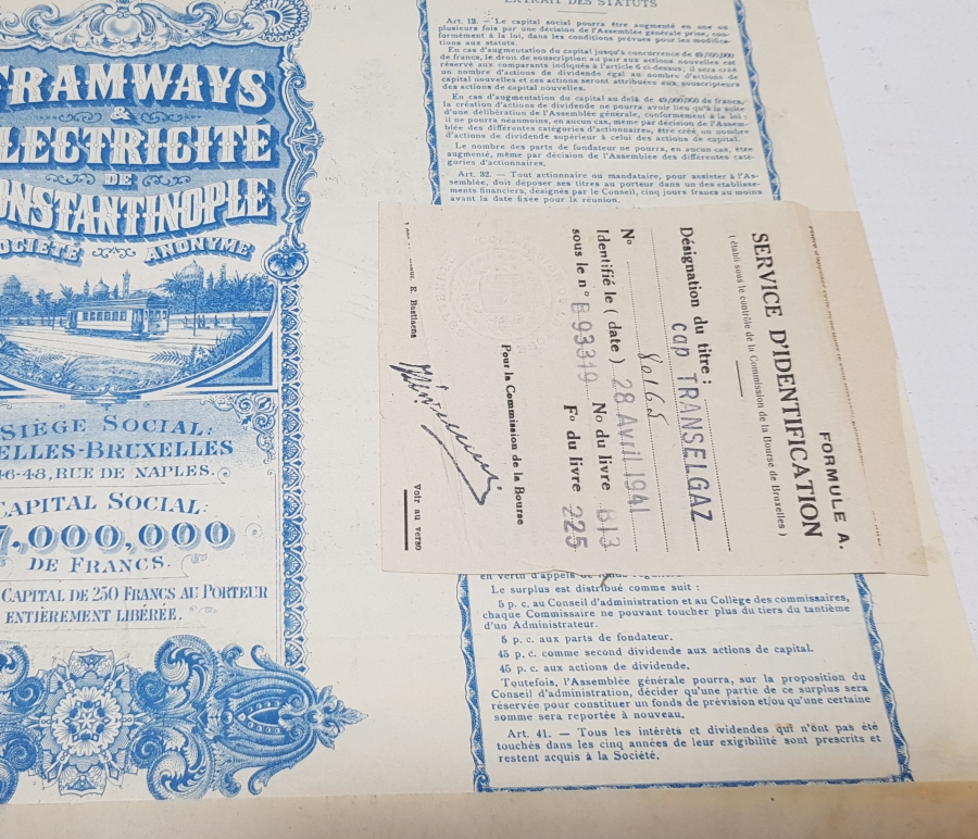 OSMANLI DÖNEMİ İSTANBUL ELEKTRİKLİ TRAMVAY ŞİRKETİ HİSSE SENEDİ