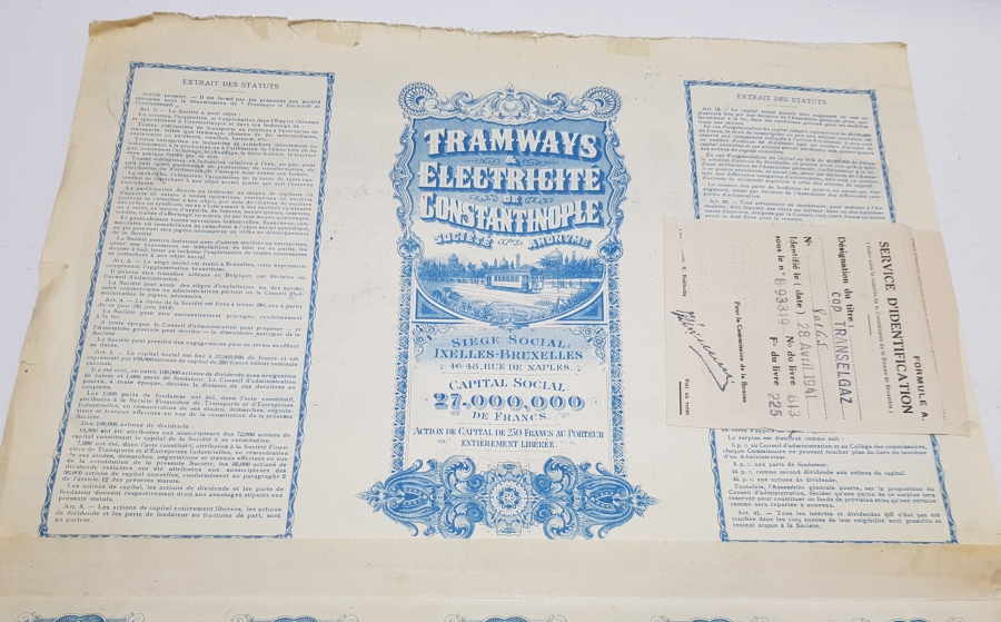 OSMANLI DÖNEMİ İSTANBUL ELEKTRİKLİ TRAMVAY ŞİRKETİ HİSSE SENEDİ