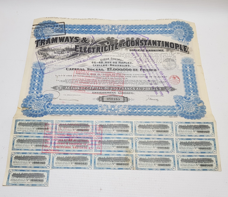 OSMANLI DÖNEMİ İSTANBUL ELEKTRİKLİ TRAMVAY ŞİRKETİ HİSSE SENEDİ