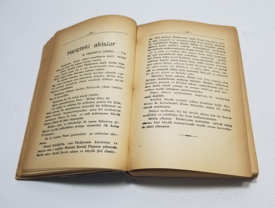 1939 BASIMI ATATÜRK İLE İLGİLİ "ONUN İÇİN SÖYLENENLER" İSİMLİ KİTAP