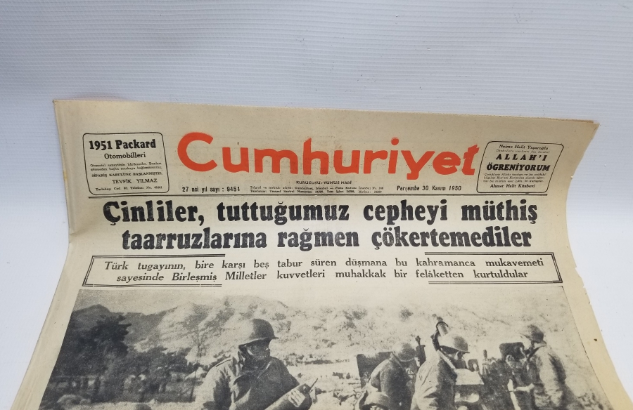 KORE SAVAŞI KONULU 1950 YILI CUMHURİYET GAZETESİ