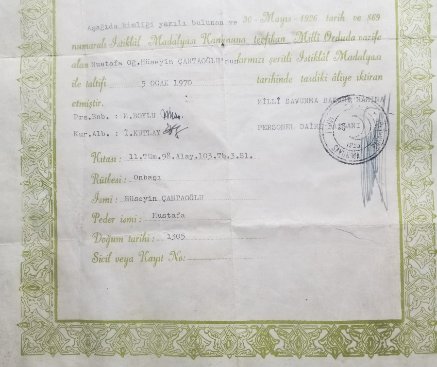 ÇOK YÜKSEK KONDİSYONDA NADİR İSTİKLAL MADALYASI BERATI