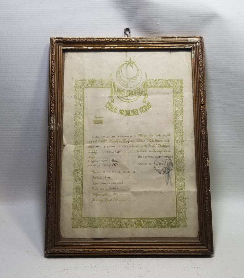 ÇOK YÜKSEK KONDİSYONDA NADİR İSTİKLAL MADALYASI BERATI