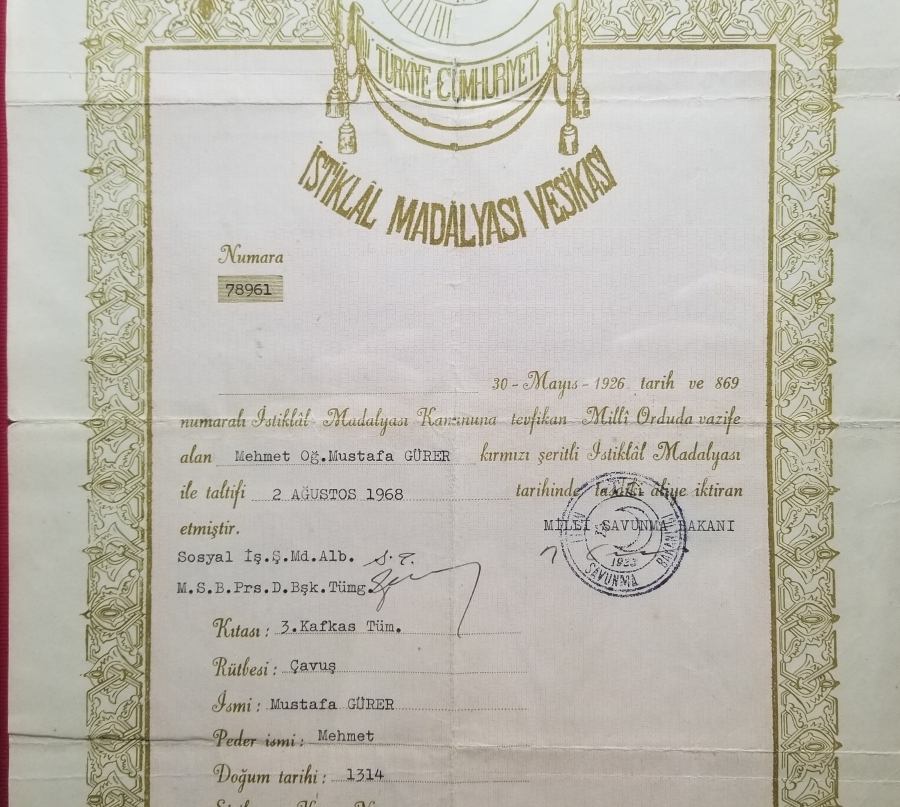 ORİJİNAL MADALYA-BERAT VE FOTOĞRAFIYLA TÜRKÇE YAZILI KURTULUŞ SAVAŞI HARP SETİ