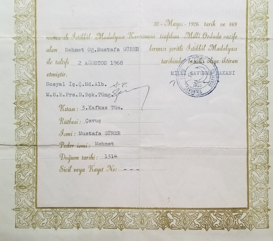 ORİJİNAL MADALYA-BERAT VE FOTOĞRAFIYLA TÜRKÇE YAZILI KURTULUŞ SAVAŞI HARP SETİ