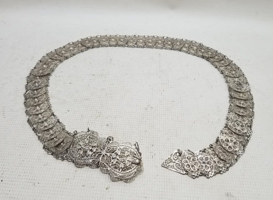 TELKARİ İŞÇİLİKLİ GÜMÜŞ KAPLAMA ANTİKA GELİN KEMERİ