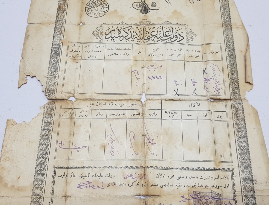 OSMANLI DÖNEMİ KAFA KAĞIDI - NÜFUS TEZKERESİ