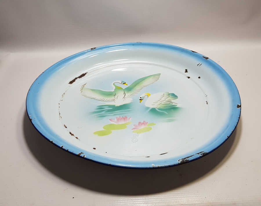 ÜZERİ EL BOYAMA İŞÇİLİKLİ BÜYÜK BOY ANTİKA EMAYE SİNİ