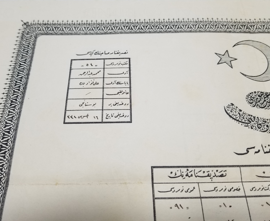 CUMHURİYET BAŞLARI OSMANLICA YAZILI NADİR İLKOKUL DİPLOMASI