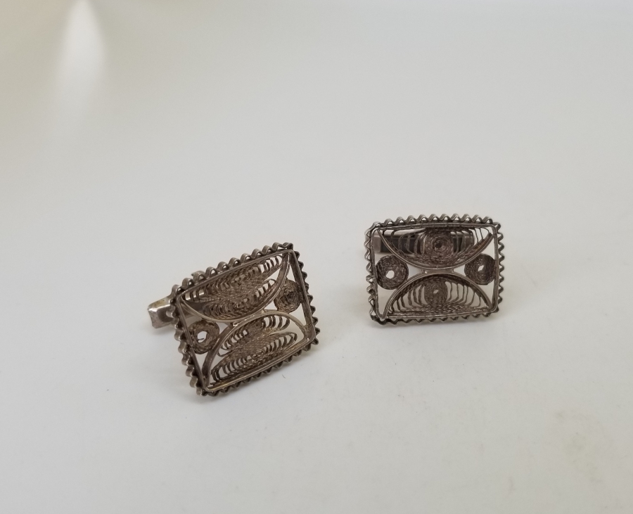 TELKARİ İŞÇİLİKLİ EL YAPIMI ANTİKA GÜMÜŞ ÇİFT KOL DÜĞMESİ