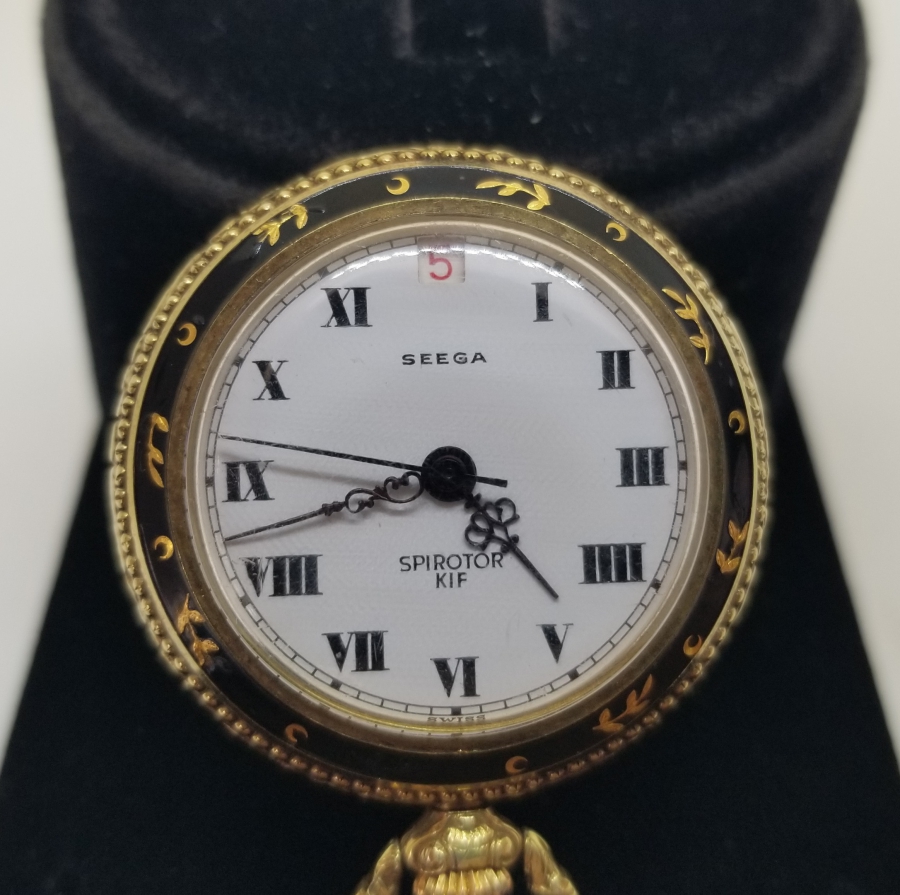 ÜZERİ HİLAL MOTİFLİ ALTIN VE MİNE İŞÇİLİKLİ KURMALI OSMANLI DÖNEMİ CEP SAATİ