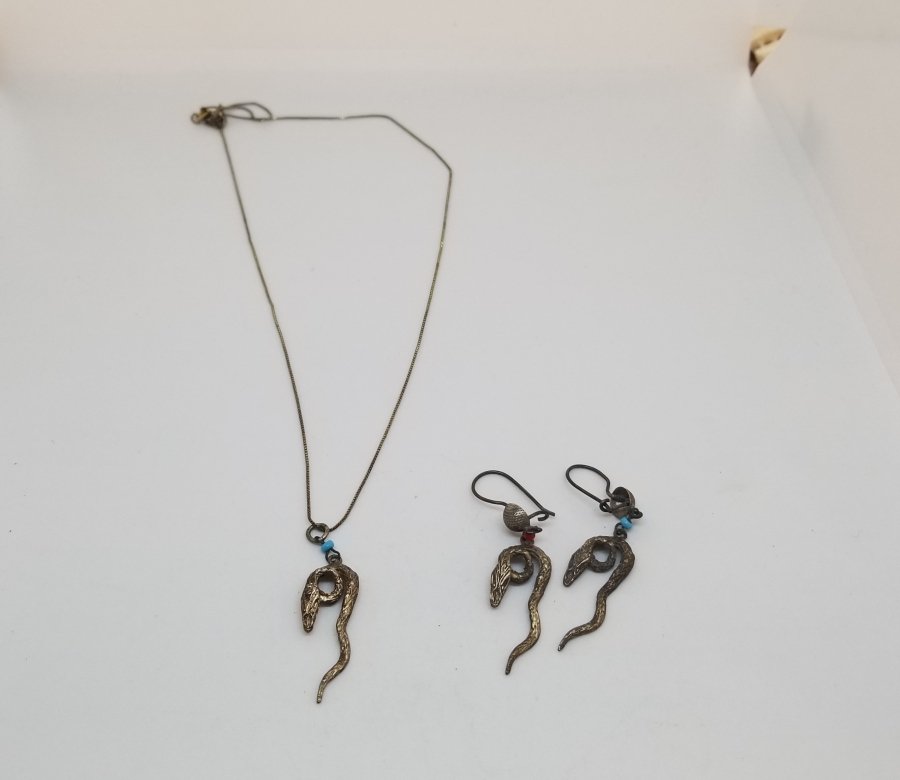 ÖZEL YAPIM YILAN FORMLU ANTİKA KOLYE KÜPE TAKIMI