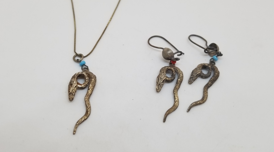 ÖZEL YAPIM YILAN FORMLU ANTİKA KOLYE KÜPE TAKIMI