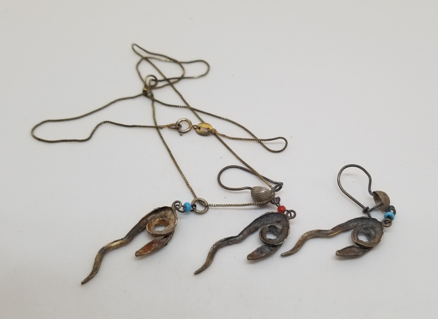 ÖZEL YAPIM YILAN FORMLU ANTİKA KOLYE KÜPE TAKIMI