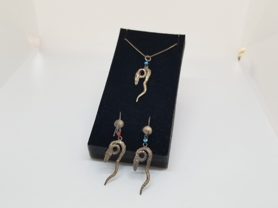 ÖZEL YAPIM YILAN FORMLU ANTİKA KOLYE KÜPE TAKIMI