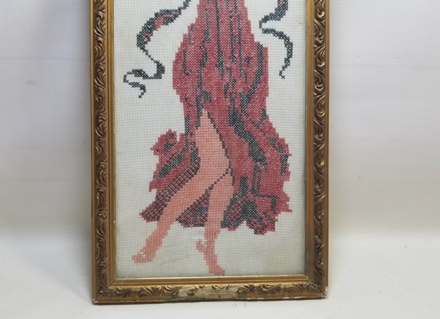 ORİJİNAL ÇERÇEVESİNDE KANAVİÇE İŞÇİLİKLİ ANTİKA PANO