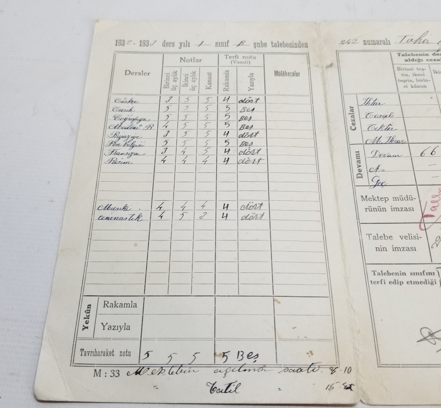 1930LARDAN ANTİKA ÖĞRENCİ KARNESİ