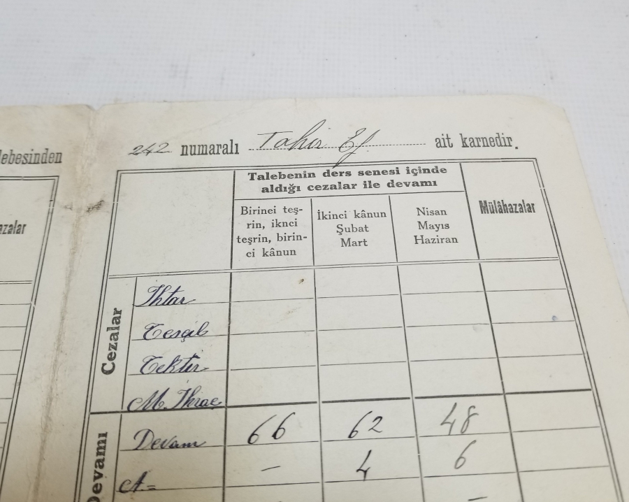 1930LARDAN ANTİKA ÖĞRENCİ KARNESİ