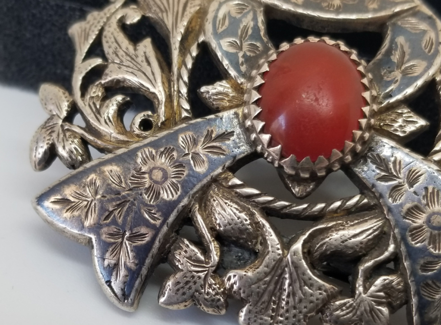 MERCAN TAŞLI OSMANLI DÖNEMİ SAVATLI GÜMÜŞ BROŞ