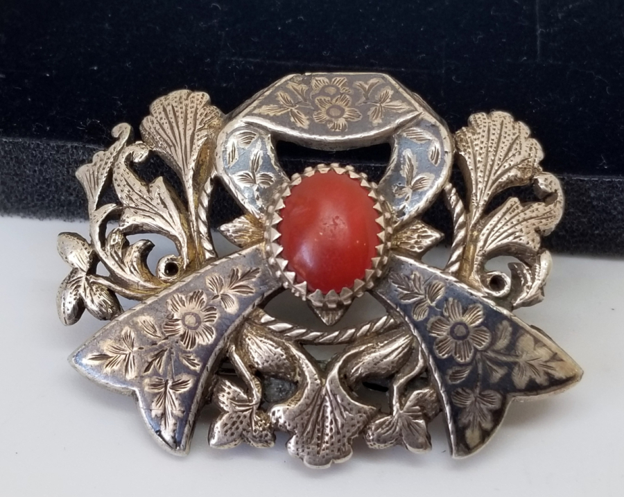 MERCAN TAŞLI OSMANLI DÖNEMİ SAVATLI GÜMÜŞ BROŞ