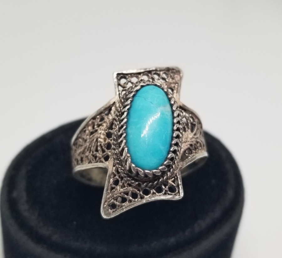 TELKARİ İŞÇİLİKLİ VE TURKUAZ TAŞLI ÖZEL YAPIM GÜMÜŞ YÜZÜK