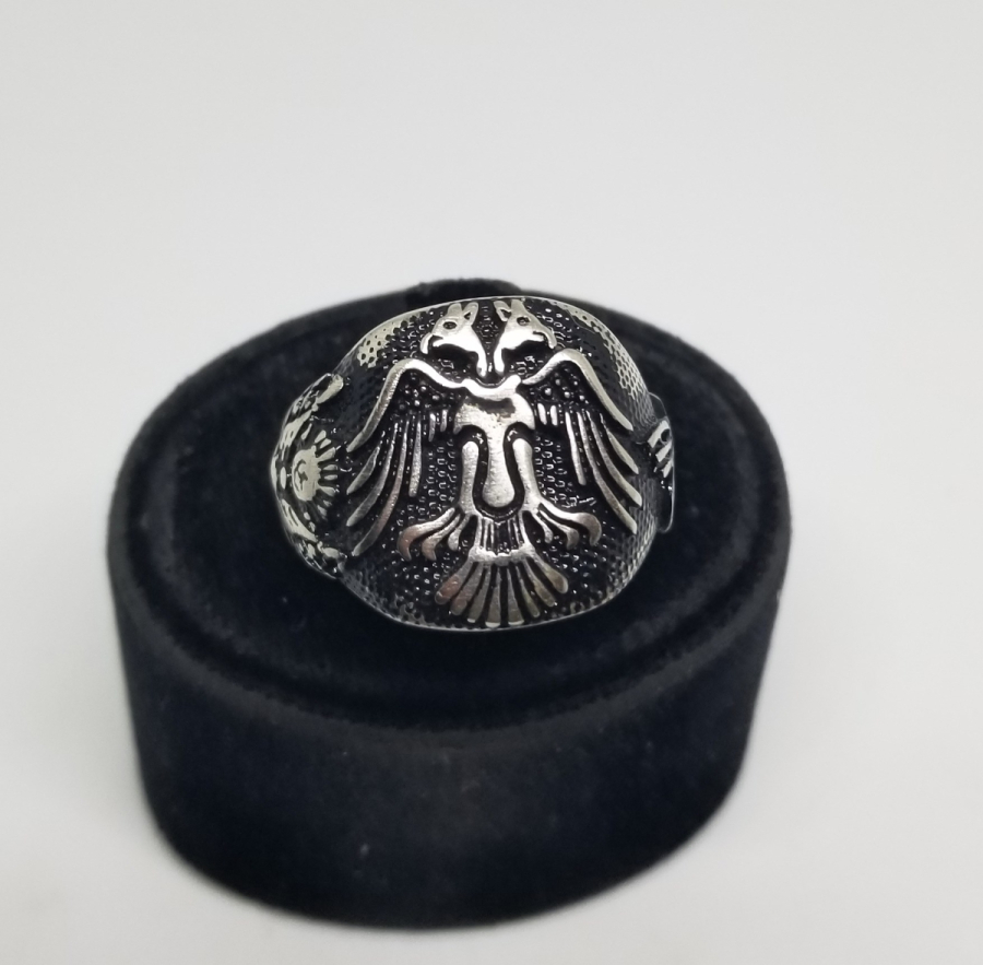 ÇİFT BAŞLI KARTAL FİGÜRLÜ KABARTMA İŞÇİLİKLİ GÜMÜŞ YÜZÜK