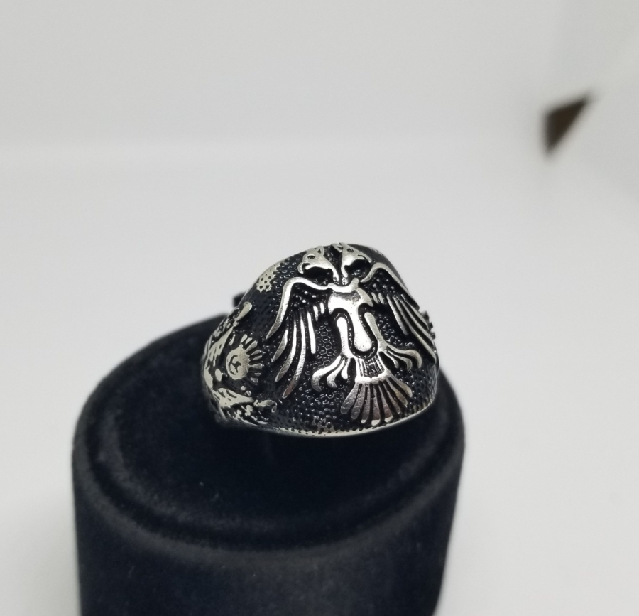 ÇİFT BAŞLI KARTAL FİGÜRLÜ KABARTMA İŞÇİLİKLİ GÜMÜŞ YÜZÜK