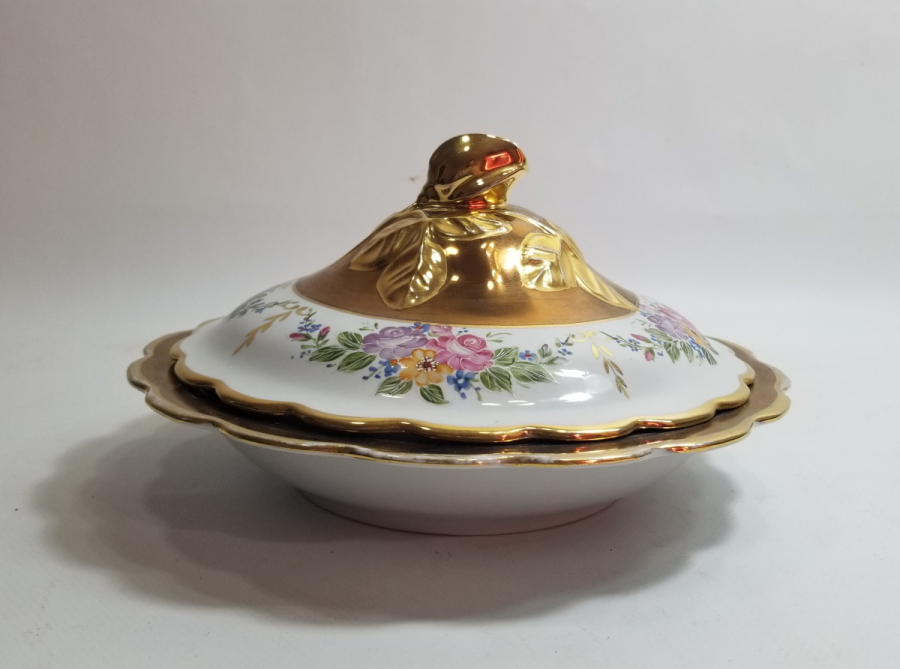 OSMANLI DÖNEMİ EL BOYAMA İŞÇİLİKLİ VE ALTIN VARAKLI NADİR KAPAKLI PORSELEN KASE - YEMİŞLİK