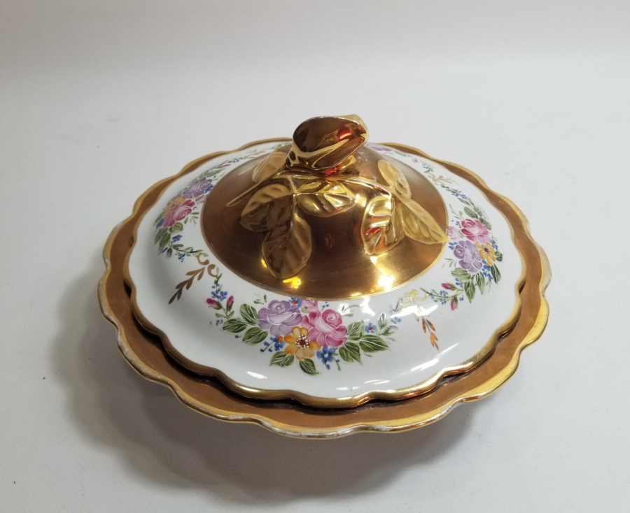 OSMANLI DÖNEMİ EL BOYAMA İŞÇİLİKLİ VE ALTIN VARAKLI NADİR KAPAKLI PORSELEN KASE - YEMİŞLİK