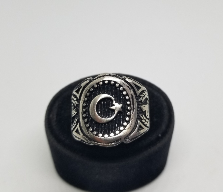 KABARTMA İŞÇİLİKLİ VE AY YILDIZLI GÜMÜŞ YÜZÜK