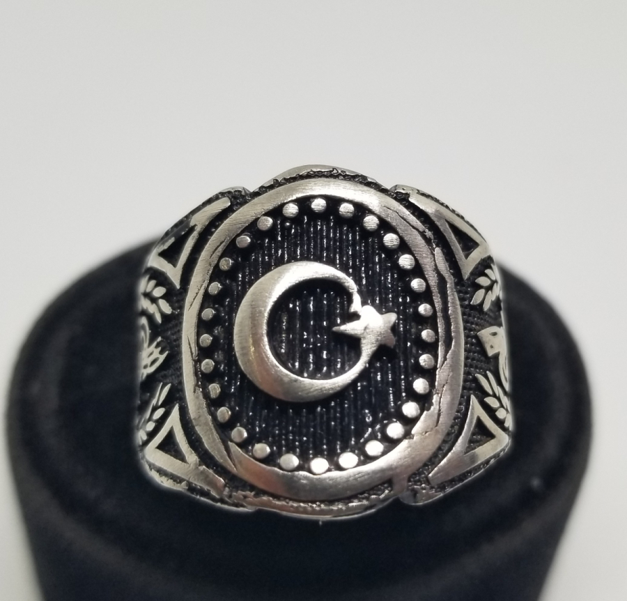 KABARTMA İŞÇİLİKLİ VE AY YILDIZLI GÜMÜŞ YÜZÜK