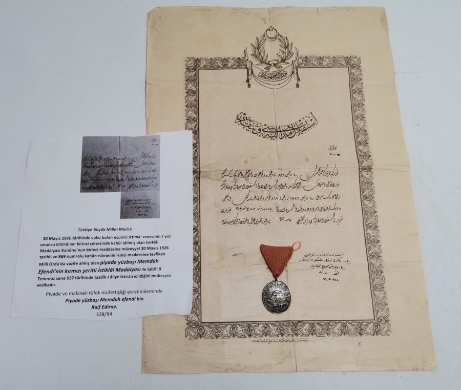 OSMANLICA YAZILI İSTİKLAL MADALYASI VE BERATI