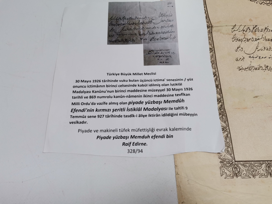 OSMANLICA YAZILI İSTİKLAL MADALYASI VE BERATI