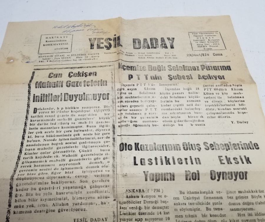 1974 TARİHLİ YEŞİL DADAY GAZETESİ