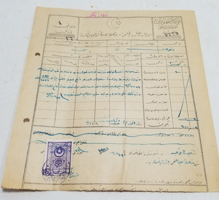 CUMHURİYET BAŞLARI ORİJİNAL PULUYLA OSMANLICA YAZILI MAKBUZ