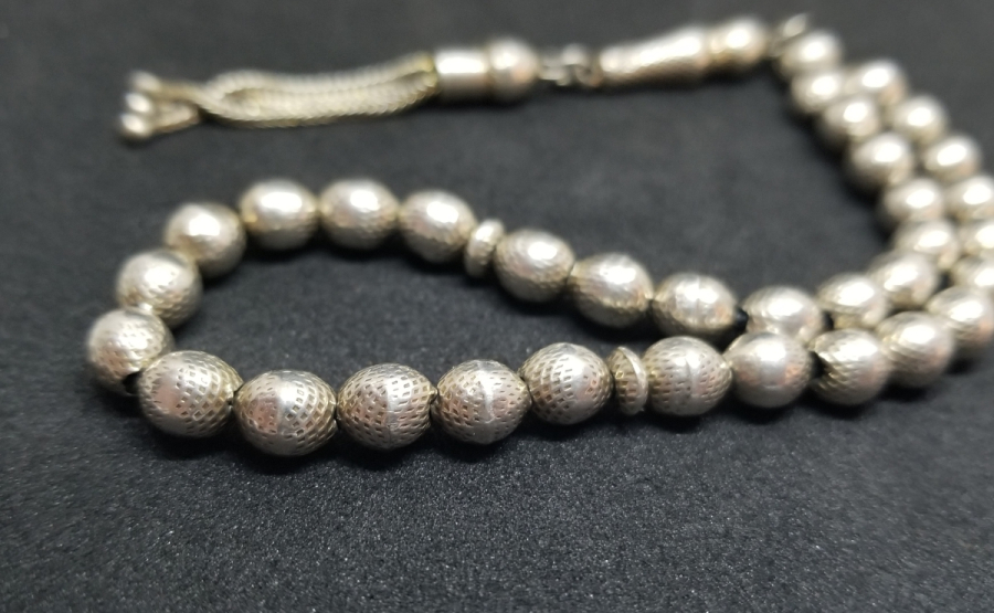 KABARTMA İŞÇİLİKLİ ÖZEL YAPIM ANTİKA GÜMÜŞ TESPİH