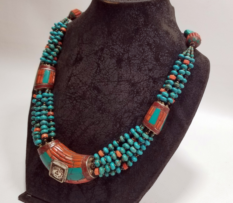 MERCAN VE TURKUAZ TAŞLI ÖZEL YAPIM UZAKDOĞU GERDANLIK