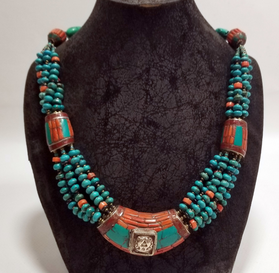 MERCAN VE TURKUAZ TAŞLI ÖZEL YAPIM UZAKDOĞU GERDANLIK