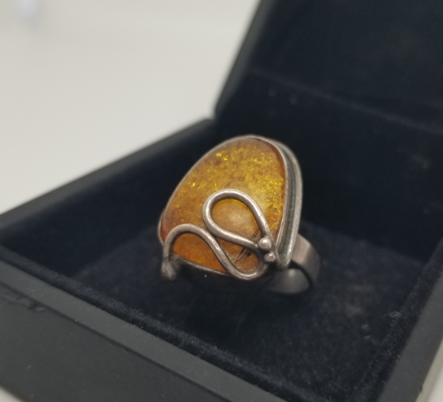 ÖZEL YAPIM ANTİKA GÜMÜŞ KEHRİBAR YÜZÜK