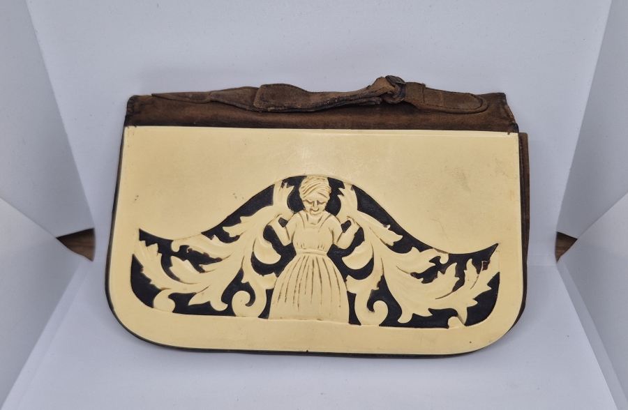 OSMANLI DÖNEMİ EL YAPIMI GALALİT APLİKLİ ANTİKA DERİ ÇANTA