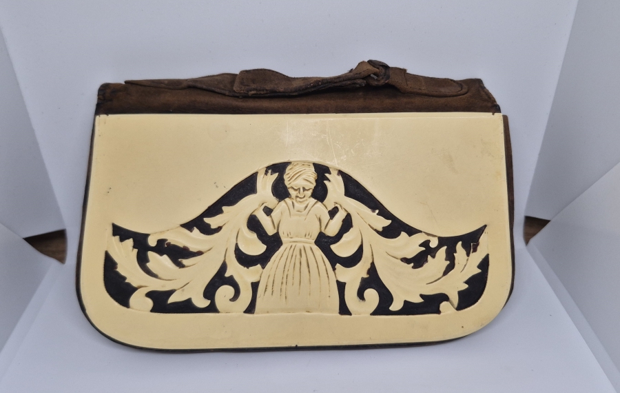 OSMANLI DÖNEMİ EL YAPIMI GALALİT APLİKLİ ANTİKA DERİ ÇANTA