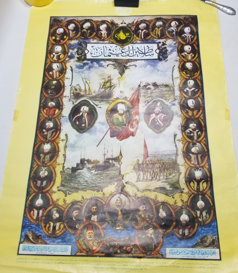 ÜZERİNDE OSMANLI PADİŞAHLARI GÖRSELLERİ BULUNAN BÜYÜK BOY ANTİKA AFİŞ - POSTER