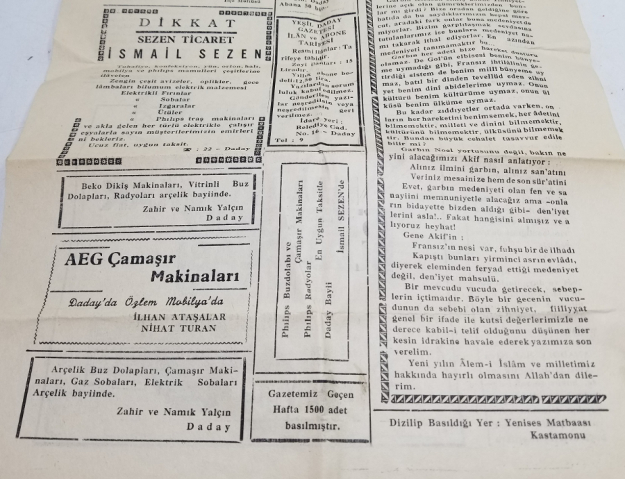 1970 TARİHLİ YEŞİL DADAY GAZETESİ