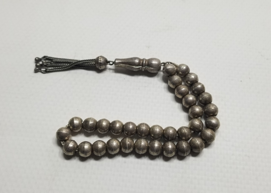 ÇİNTEMANİ İŞÇİLİKLİ EL YAPIMI ANTİKA GÜMÜŞ TESPİH