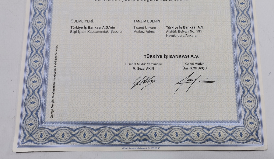 TÜRKİYE İŞ BANKASI HİSSE SENEDİ