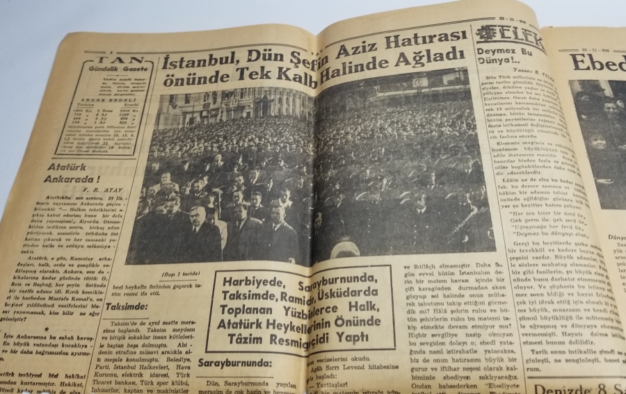22 KASIM 1938 TARİHLİ MUSTAFA KEMAL ATATÜRK'ÜN ÖLÜMÜ KONULU TAN GAZETESİ