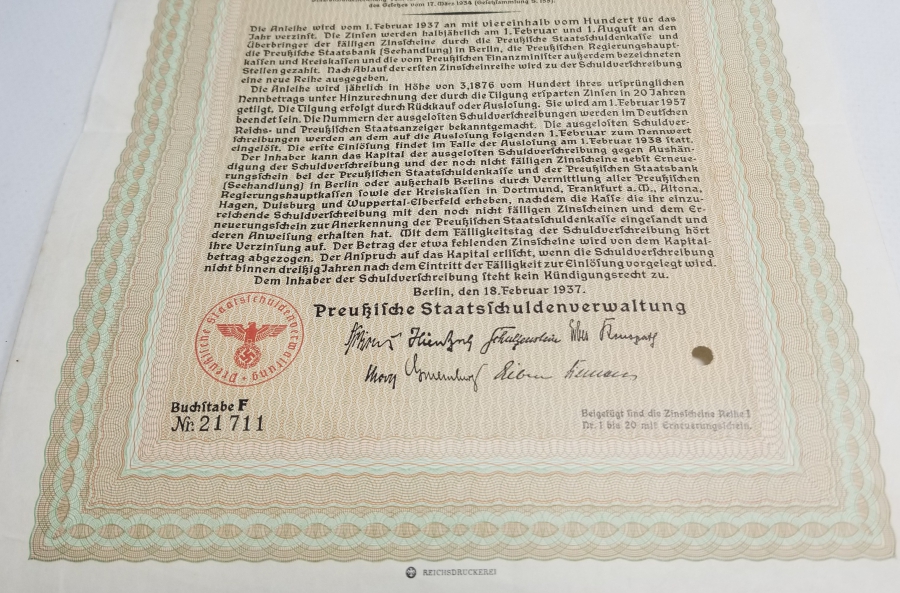 1937 YILI 100 ALMAN MARKI TAHVİL